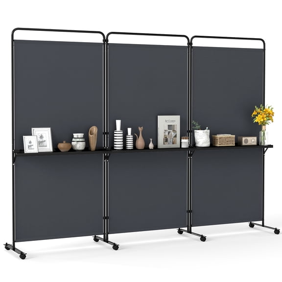 Gymax 3-Panel Room Divider w/Shelves Lockable Wheels for Living Room Bedroom Office Gray