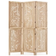 Gymax 3-Panel Wooden Room Divider Privacy Screen w/ Palm Leaf Design Panels for Home Natural