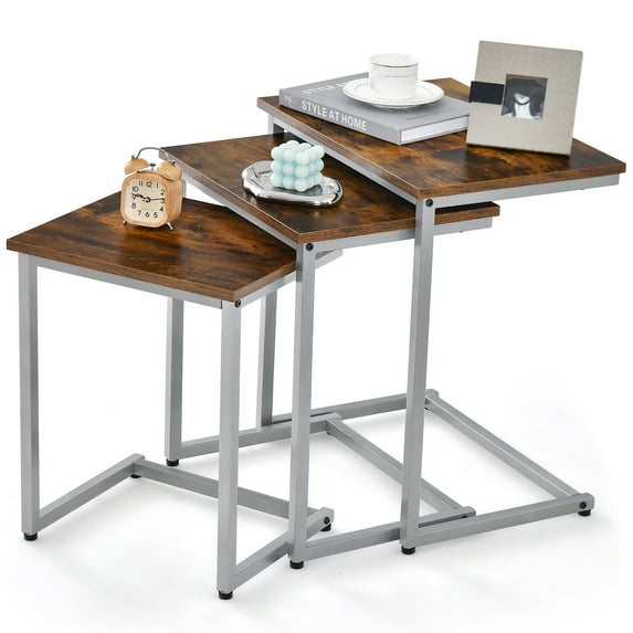 Gymax 3 Pcs Nesting Coffee End Table Set Stacking Side Nightstand Living Room Rustic