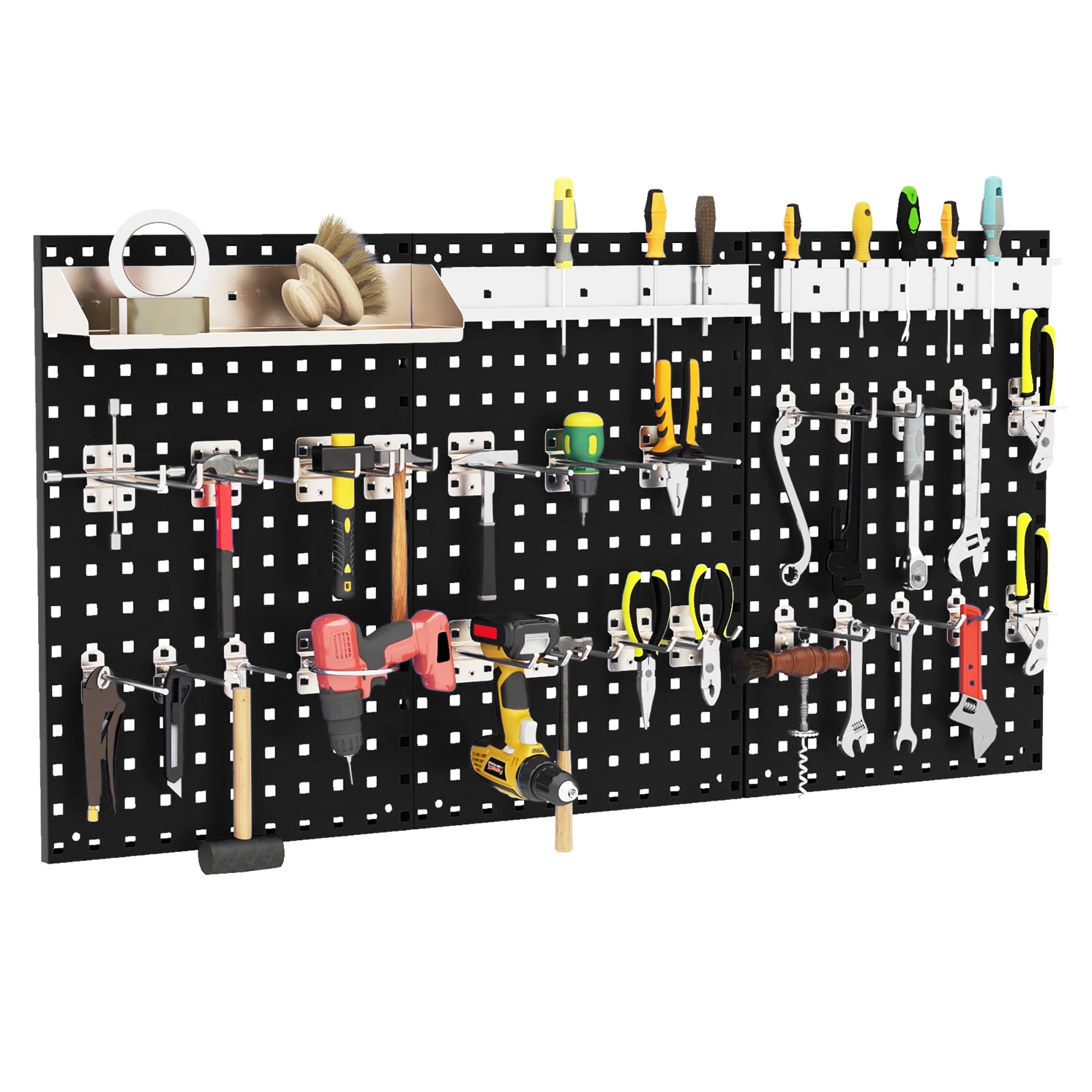 Gymax 3 Pcs Pegboard Wall Organizer w/ 25 Hooks Drill Bit Holder Screwdriver Holder Black