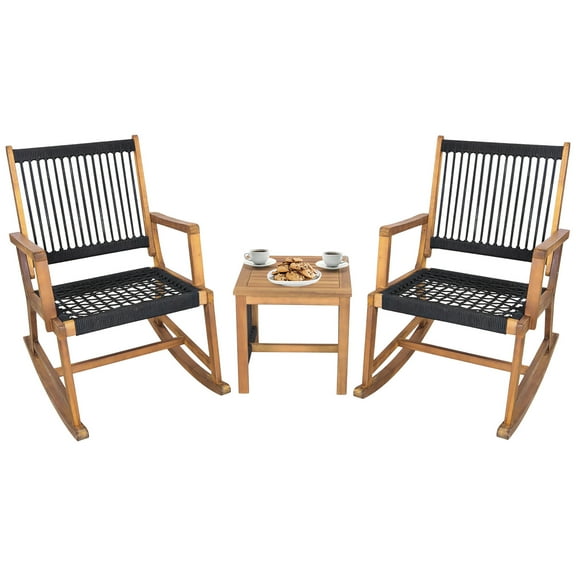 Gymax 3 Piece Acacia Wood Rocking Chair Set w/ Coffee Table & All-Weather Rope Patio Poolside