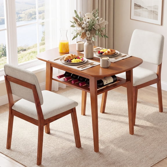 Gymax 3-Piece Dining Table Set for 2 Solid Wood Kitchen Table w/Storage Rack & Chairs Beige & Cherry