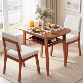 Gymax 3-Piece Dining Table Set for 2 Solid Wood Kitchen Table w/Storage Rack & Chairs Beige & Cherry