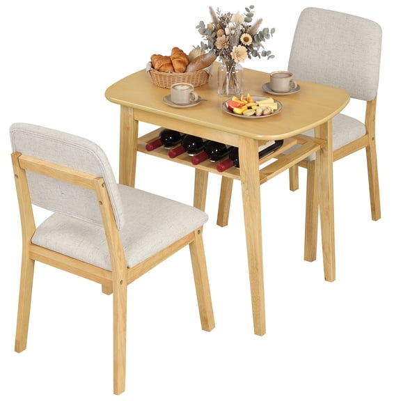 Gymax 3-Piece Dining Table Set for 2 Solid Wood Kitchen Table w/Storage Rack & Chairs Beige & Natural