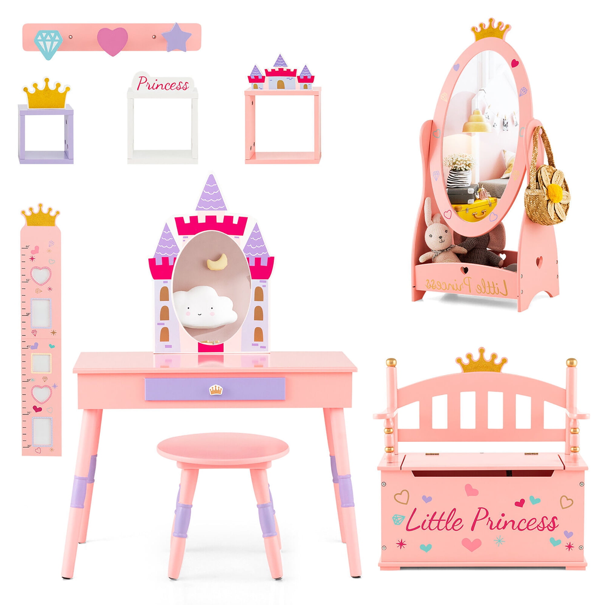 Gymax 3-Piece Kids Room Furniture Set Vanity Table Dressing Mirror ...