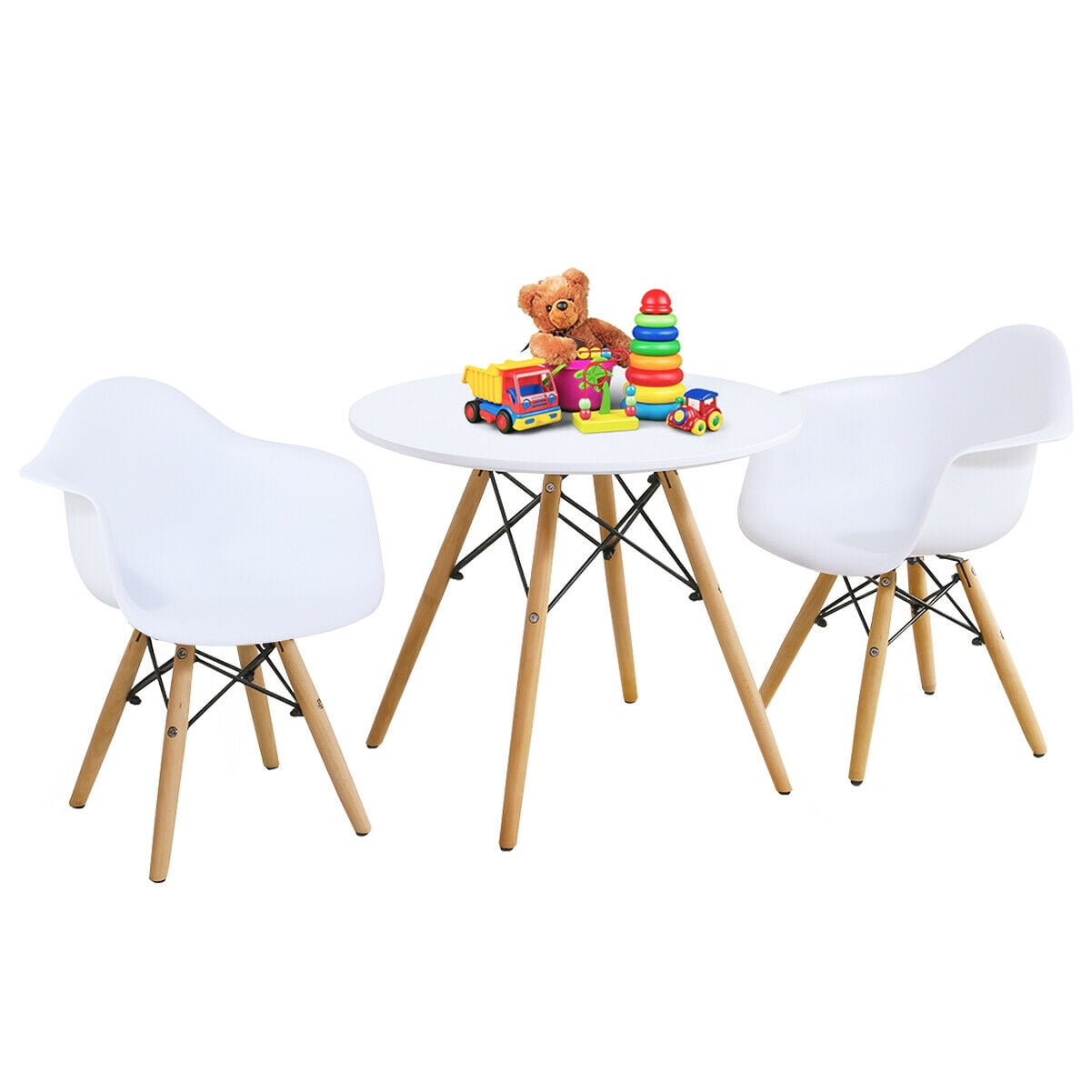 Gymax 3 Piece Kids Round Table Chair Set with 2 Arm Chairs White ...