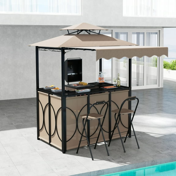Gymax 3-Piece Outdoor BBQ Canopy w/ Bar Table & 2 Foldable Bar Chairs Set for Patio Coffee