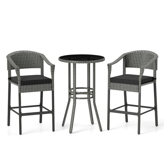 Gymax 3-Piece Patio Bar Set Outdoor Wicker Bar Height Round Table & Armchairs Set