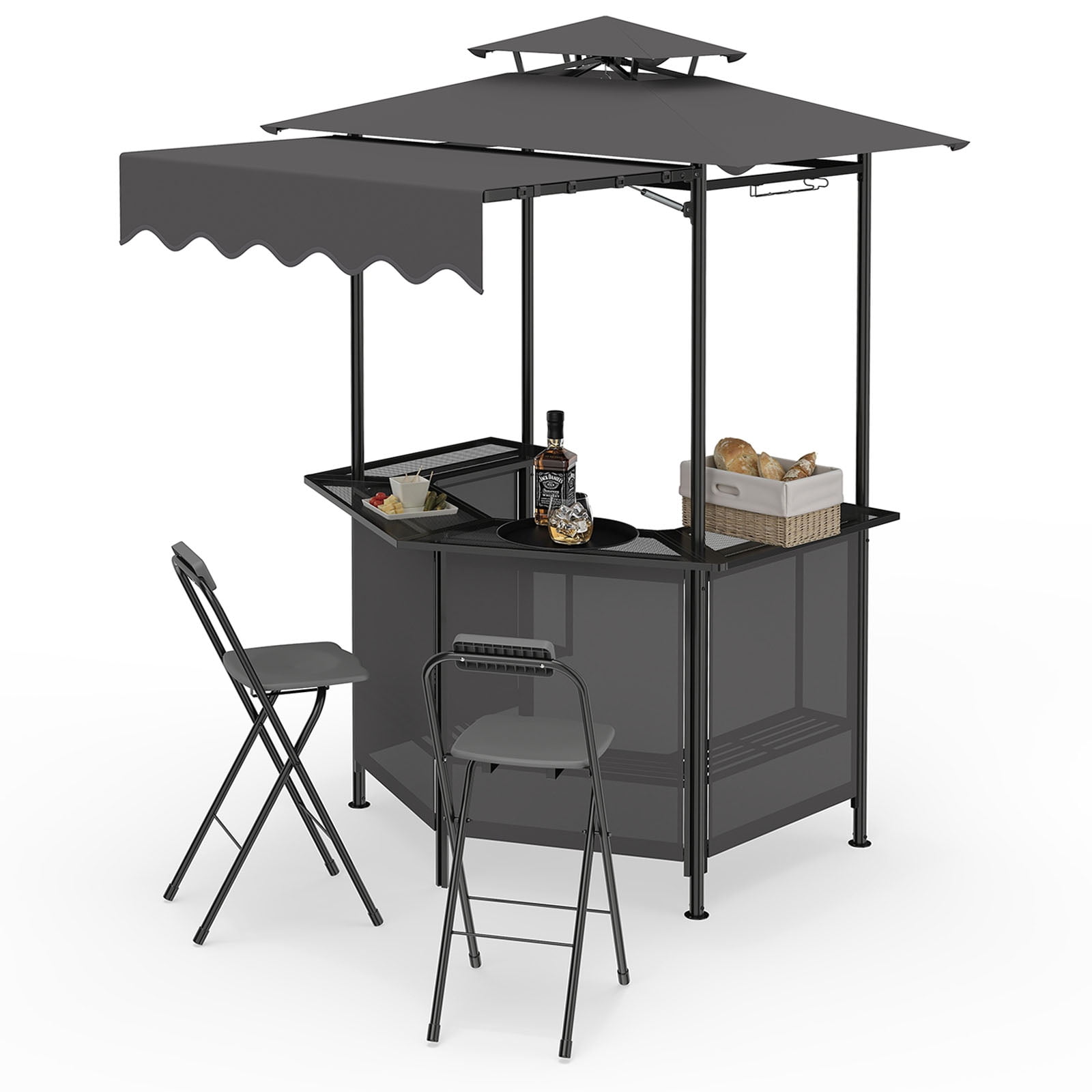Grill Stool Gymax 3-Piece Patio Bar SetGrill Gazebo&2 Folding Bar Stools w/4Slatted ...