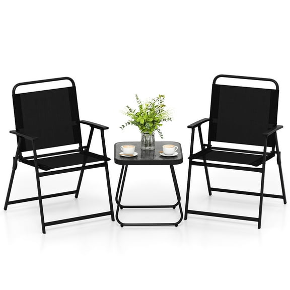Gymax 3-Piece Patio Furniture Set Folding Fabric Chairs & Marble-Like Top Coffee Table