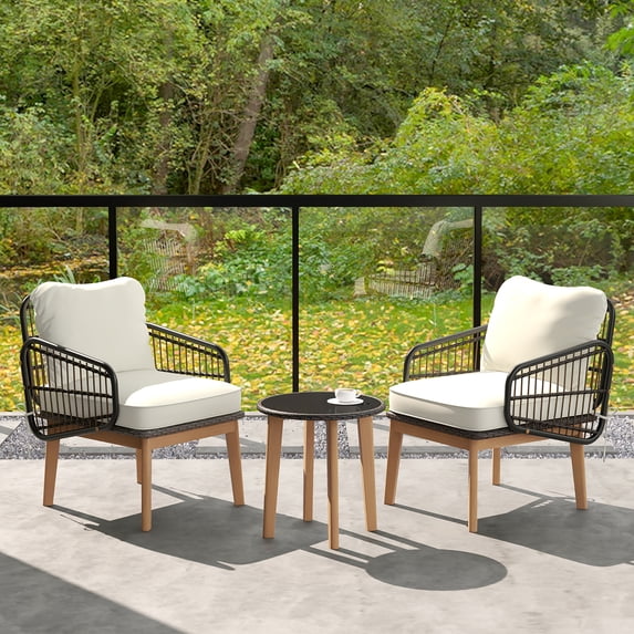 Gymax 3 Piece Patio Chair Set Wicker Chair & Side Table Set w/ Soft Cushions & Tempered Glass Tabletop
