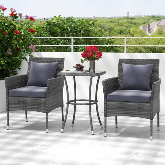 Gymax 3-Piece Patio Furniture Set PE Wicker Conversation Bistro Set w/ A Tempered Glass Table Mix Gray