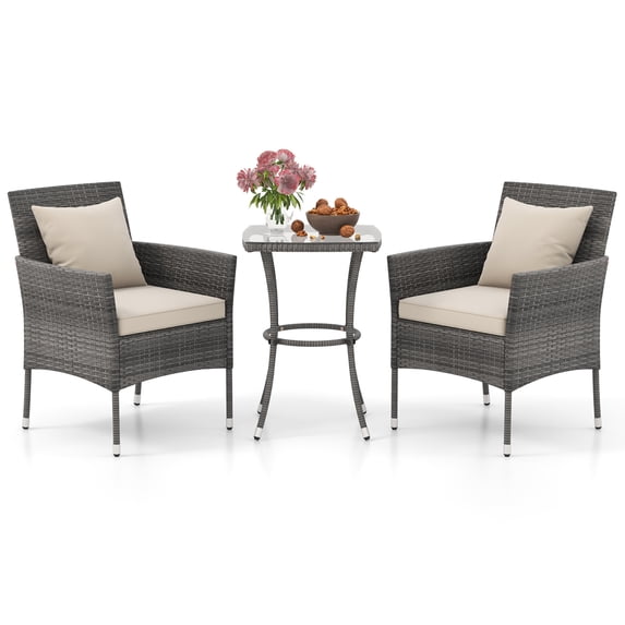 Gymax 3-Piece Patio Furniture Set with PE Wicker Conversation Bistro Set and Tempered Glass Table