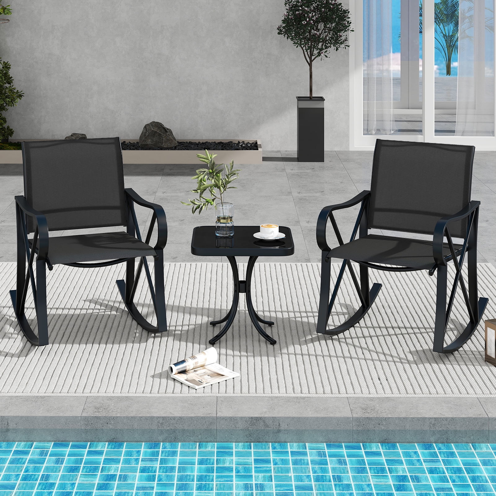 Gymax 3 Piece Patio Rocking Set 2 Rocking Chairs w/ Tempered Glass Side Table Black