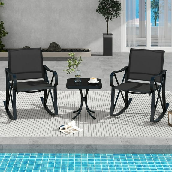Gymax 3 Piece Patio Rocking Set 2 Rocking Chairs w/ Tempered Glass Side Table Black
