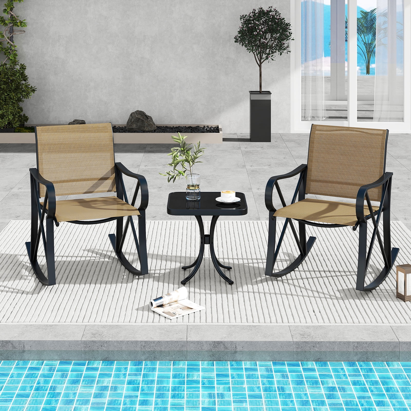 Gymax 3 Piece Patio Rocking Set 2 Rocking Chairs w/ Tempered Glass Side Table Brown