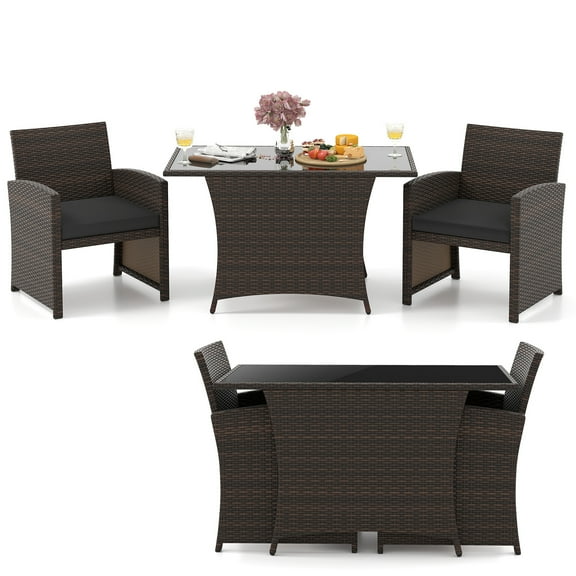 Gymax 3 Piece Patio Wicker Dining Set 2 Rattan Chairs w/ Rectangle Tempered Glass Dining Table