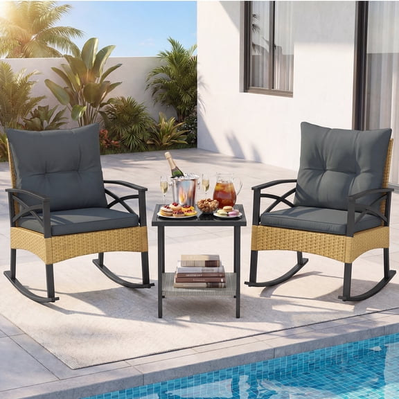 Gymax 3-Piece Rattan Rocking Bistro Set w/Tempered Glass Tabletop & Cushions for Porch