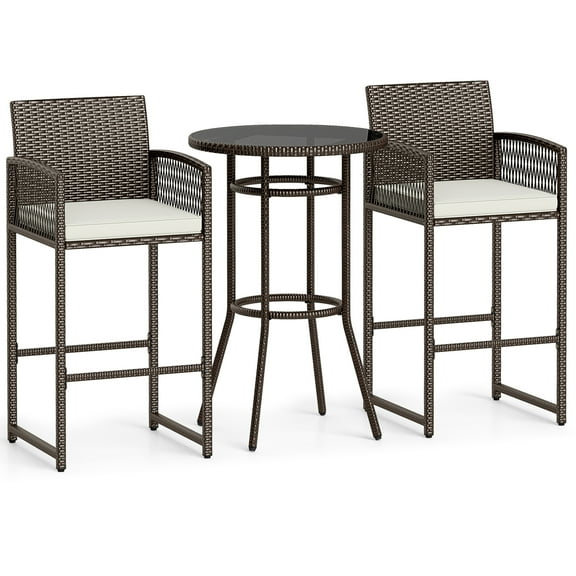Gymax 3 Piece Wicker Patio Bar Set w/ 2 Seat Cushions Glass Tabletop for Backyard