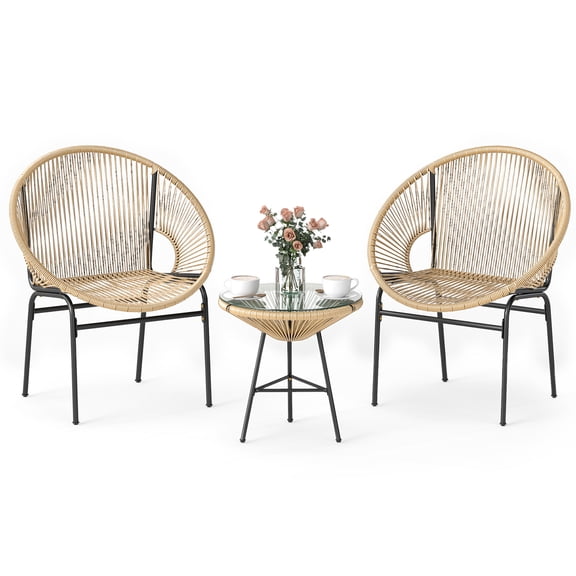 Gymax 3-Piece Wicker Patio Bistro SetOutdoor Acapulco Chairs and Tempered Glass Table