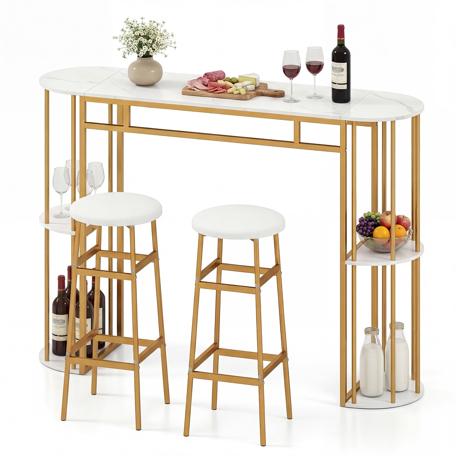 Gymax 3 Pieces 60'' Bar Table Set for 2 w/ Faux Marble Tabletop & Storage Shelves