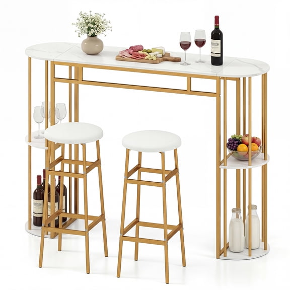 Gymax 3 Pieces 60'' Bar Table Set for 2 w/ Faux Marble Tabletop & Storage Shelves