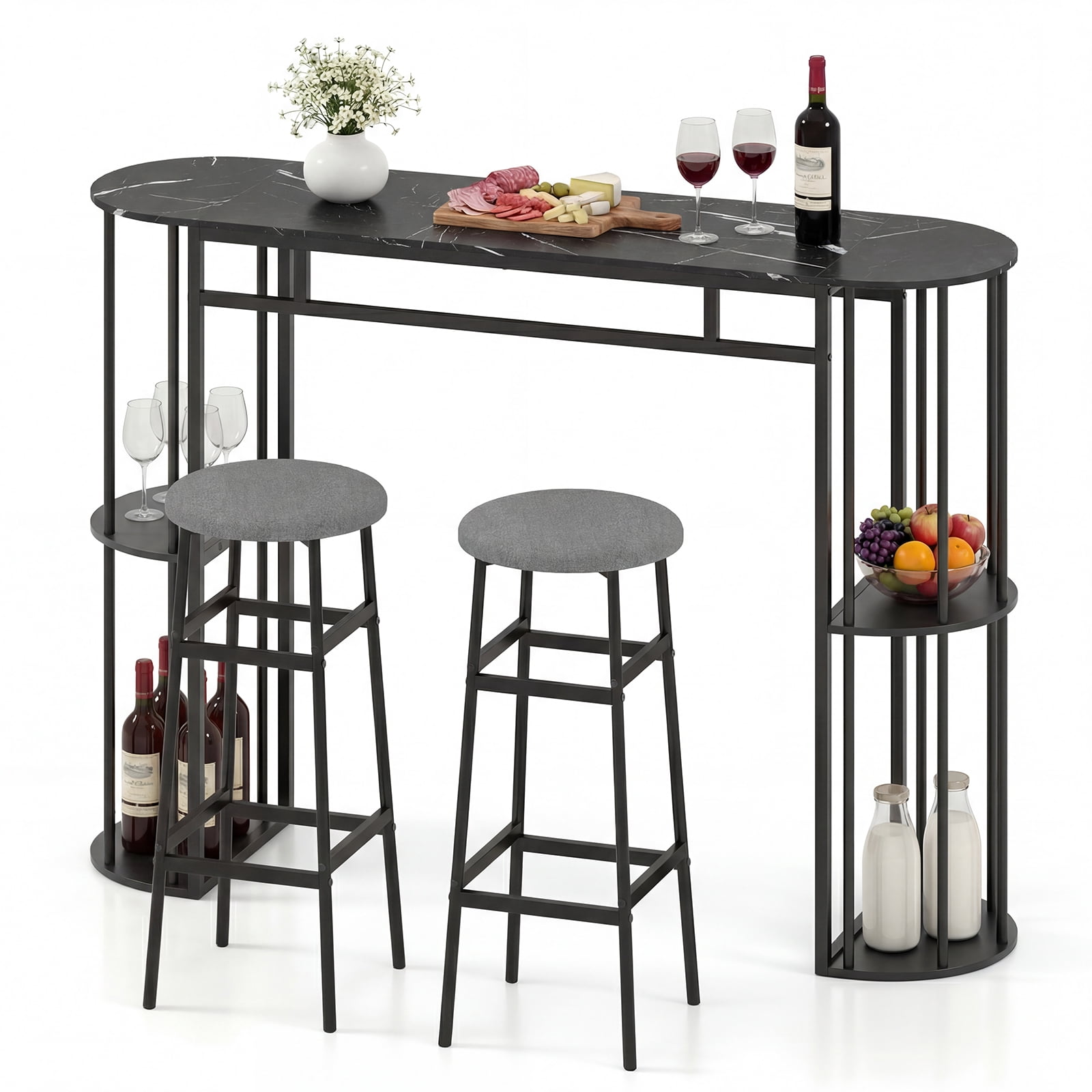 Gymax 3 Pieces 60'' Bar Table Set for 2 w/ Faux Marble Tabletop & Storage Shelves