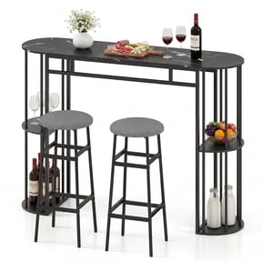 Gymax 3 Pieces 60'' Bar Table Set for 2 w/ Faux Marble Tabletop & Storage Shelves