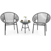 Gymax 3 Pieces Acapulco Chair Set Wicker Conversation Bistro Set w/ Tempered Glass Table