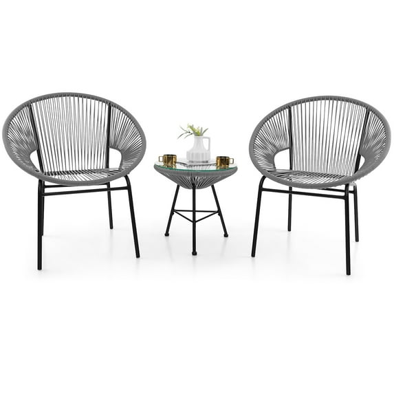 Gymax 3 Pieces Acapulco Chair Set Wicker Conversation Bistro Set w/ Tempered Glass Table
