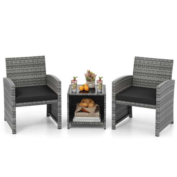 Gymax 3 Pieces Patio Furniture Set PE Rattan Chairs Set w/ Storage Coffee Table Black
