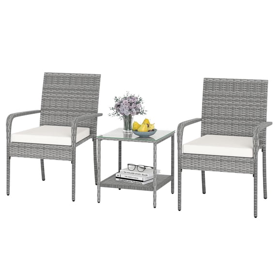 Gymax 3 Pieces Patio Furniture Set PE Rattan Porch Chairs w/ 2-Tier Table White