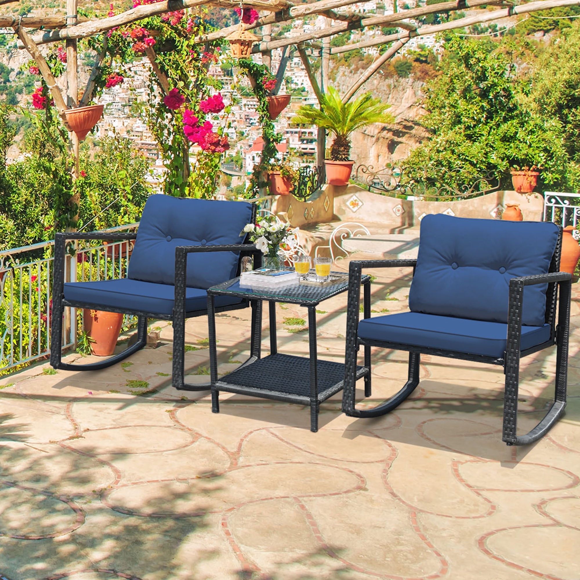 Gymax 3 Pieces Rattan Rocking Chair Table Set Patio Furniture Set with Navy Cushions