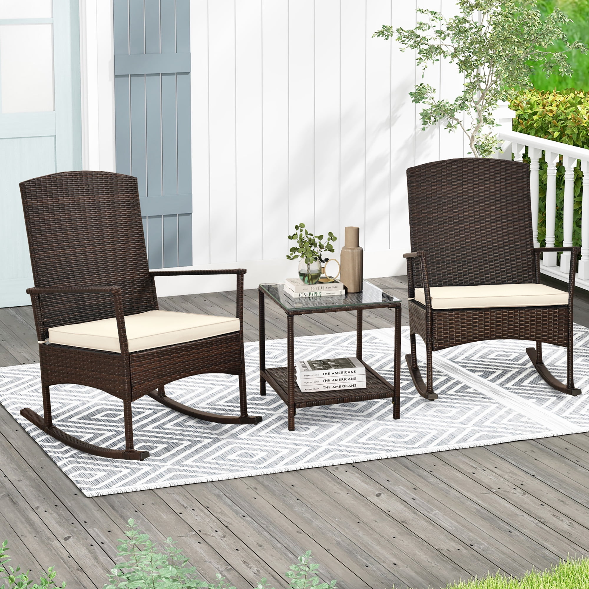 Gymax 3 Pieces Rocking Wicker Bistro Set Outdoor Front Porch Rocker ...