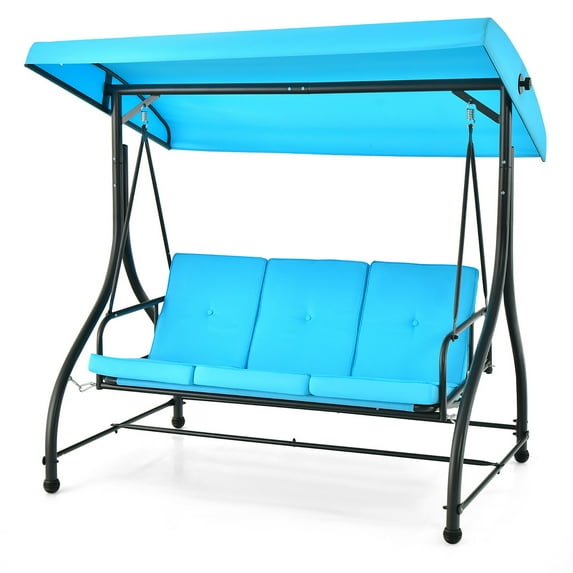 Gymax 3-Seat Outdoor Converting Patio Swing Glider Adjustable Canopy Porch Swing Blue