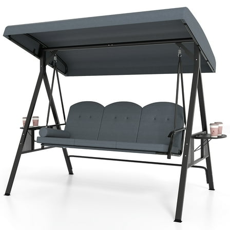 Gymax 3-Seat Patio Swing Chair w/ Adjustable Canopy Thickened Cushions Pillow Outdooor Gray