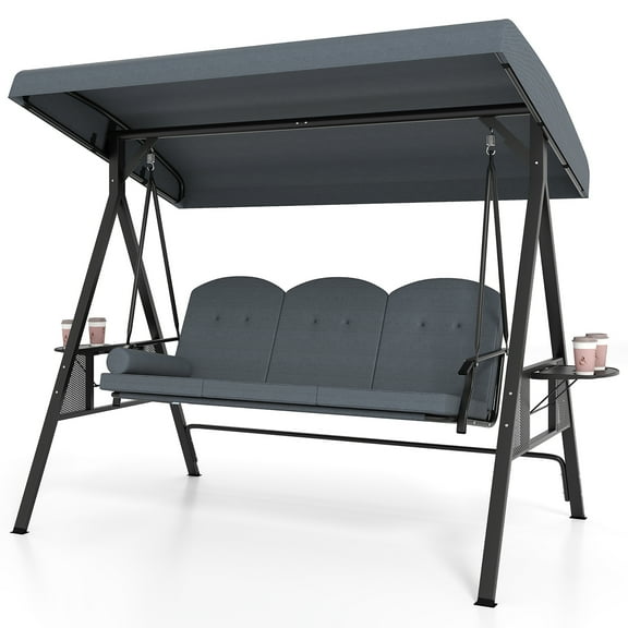 Gymax 3-Seat Patio Swing Chair w/ Adjustable Canopy Thickened Cushions Pillow Outdooor Gray