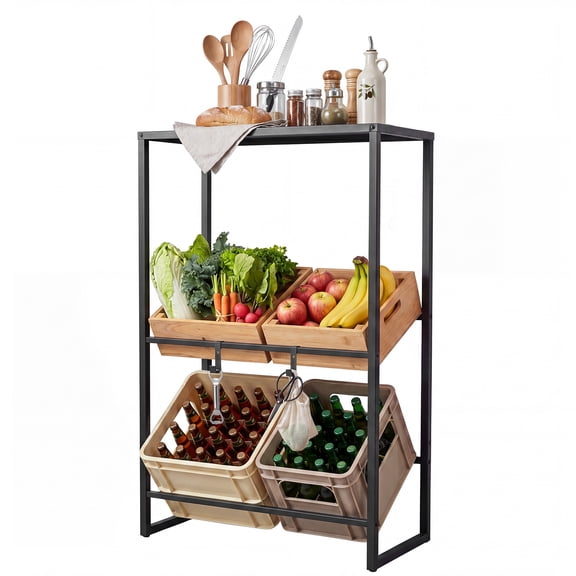 Gymax 3-Tier Drink Crate Rack Heavy-duty Metal Storage Rack w/ Shelf 2 Hanging Hooks