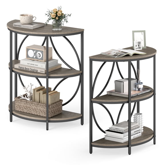 Gymax 3-Tier Half Round End Table Set of 2 w/Study Metal Frame Storage Shelves Grey