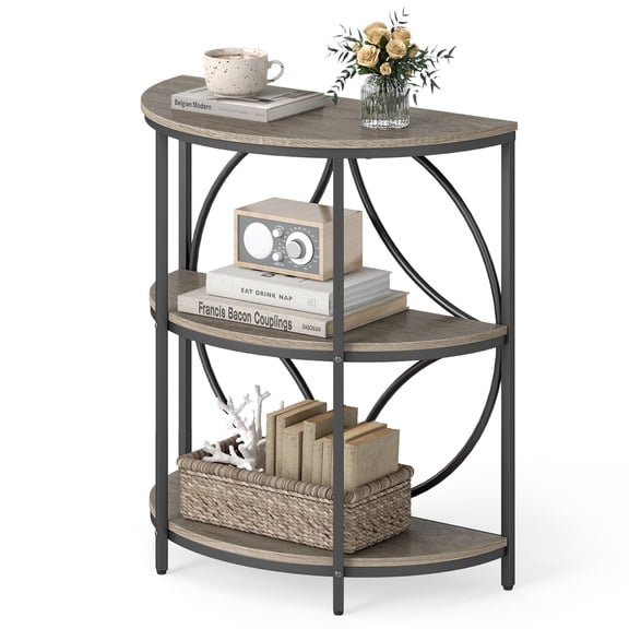 Gymax 3-Tier Half Round End Table w/Study Metal Frame Storage Shelves for Living Room Grey