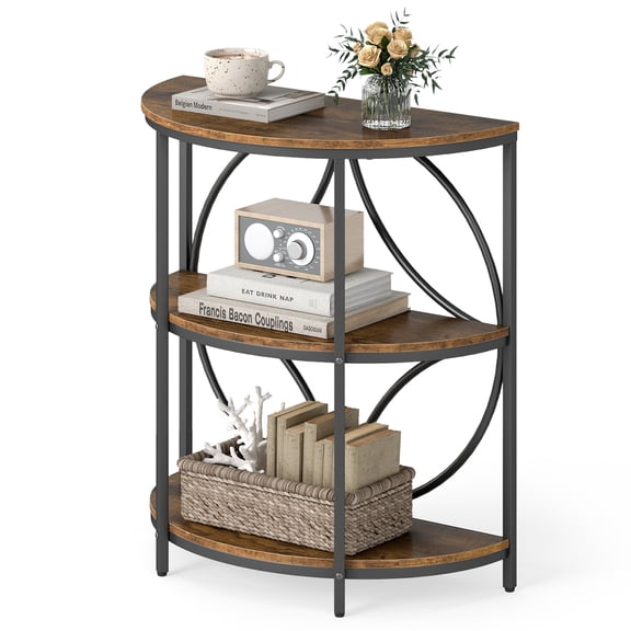 Gymax 3-Tier Half Round End Table w/Study Metal Frame Storage Shelves for Living Room Rustic Brown
