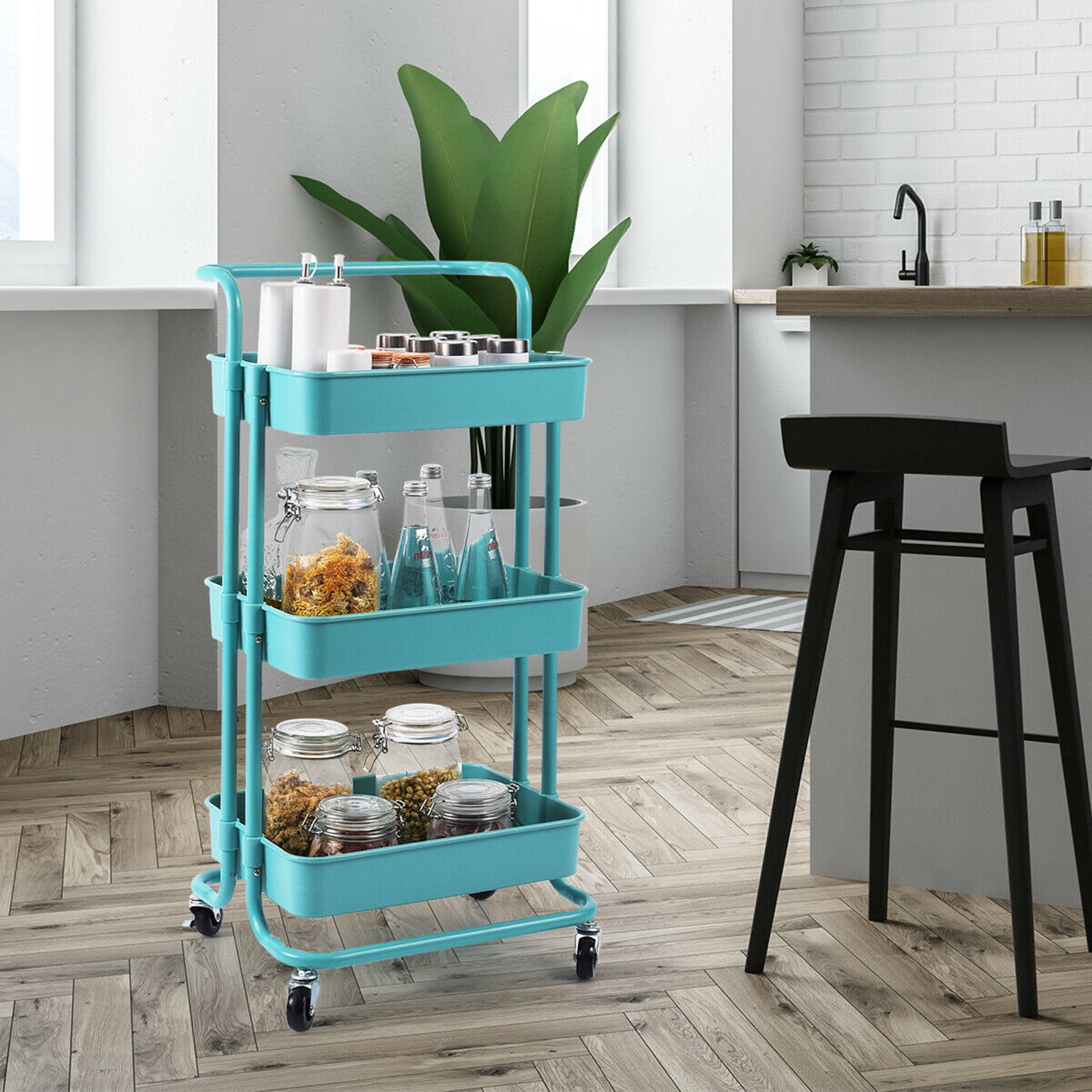 Gymax 3 Tier Rolling Cart W/Wheels ABS Basket Organizer & Practical Handle Aqua Blue
