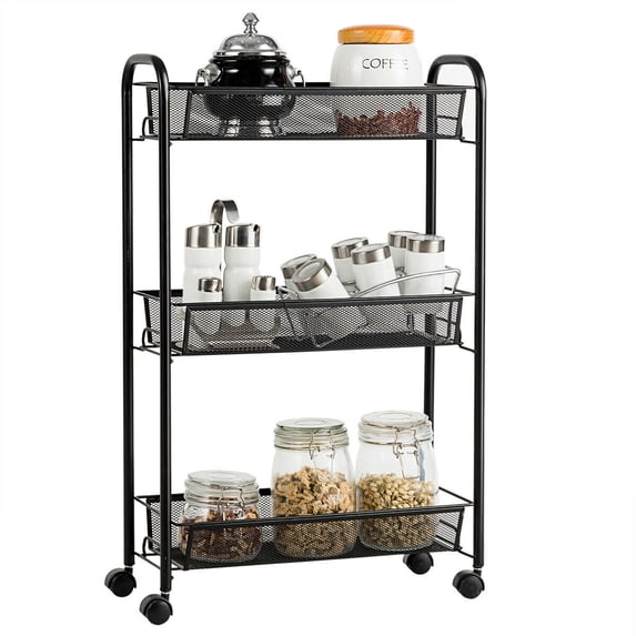 Gymax 3 Tier Rolling Storage Cart Full-Metal Basket Stand Utility Cart Trolley