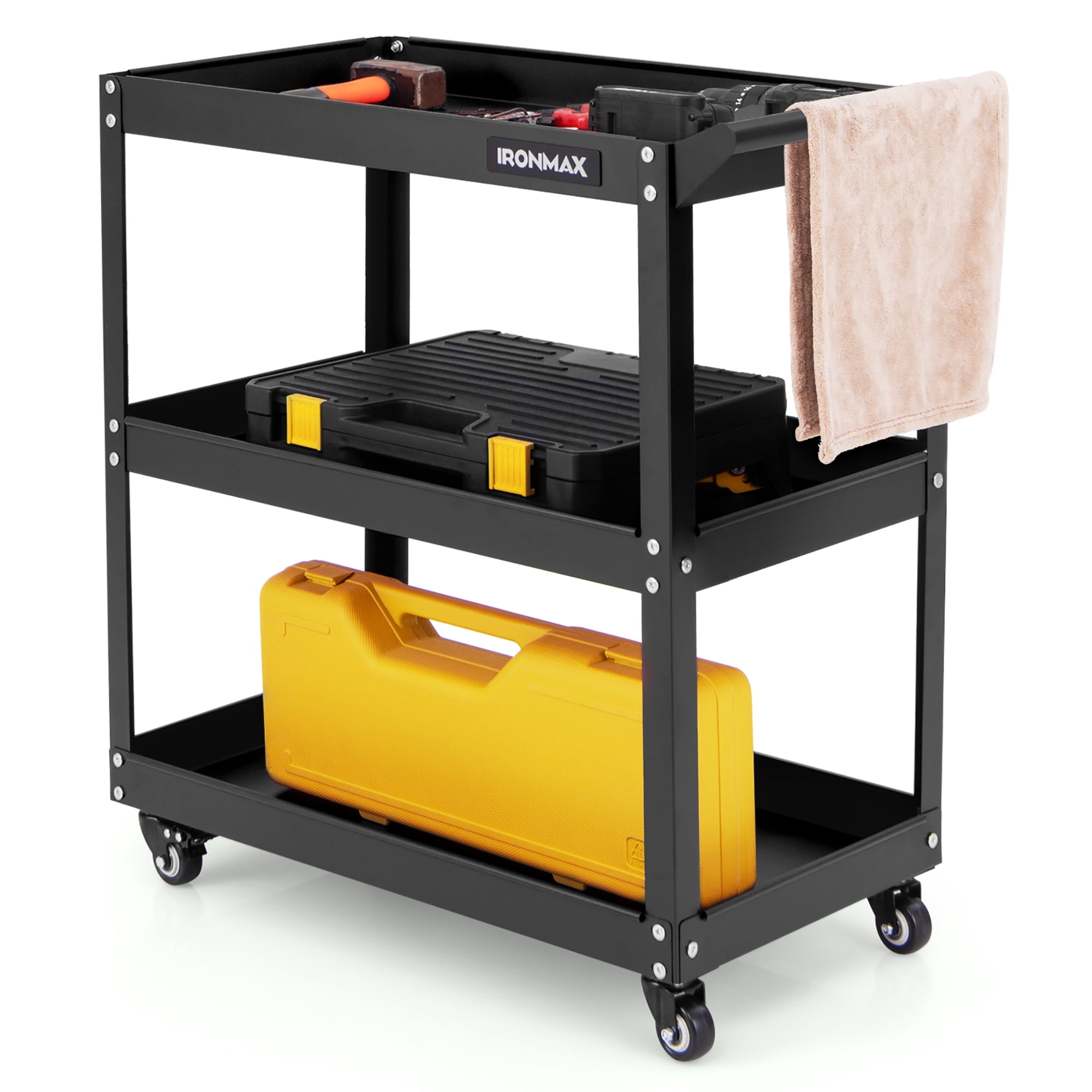 Gymax 3-Tier Rolling Tool Cart w/ 3 Spacious Shelves 4 Universal