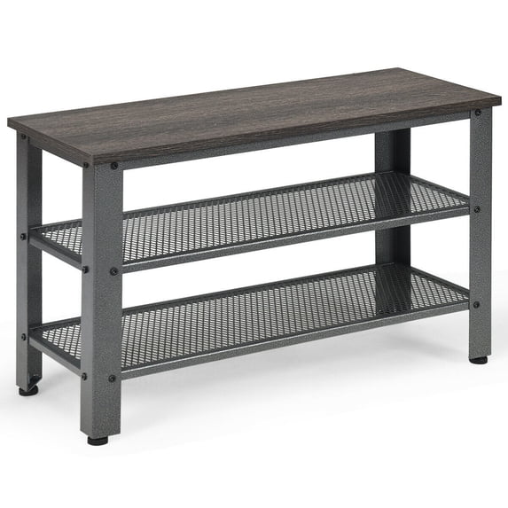 Gymax 3-Tier Shoe Rack Industrial Shoe Bench with Storage Shelves for LivingRoom Grey