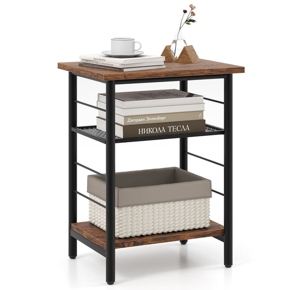 Gymax 3-Tier Side End Table w/ Adjustable Mesh Shelf Narrow Nightstand