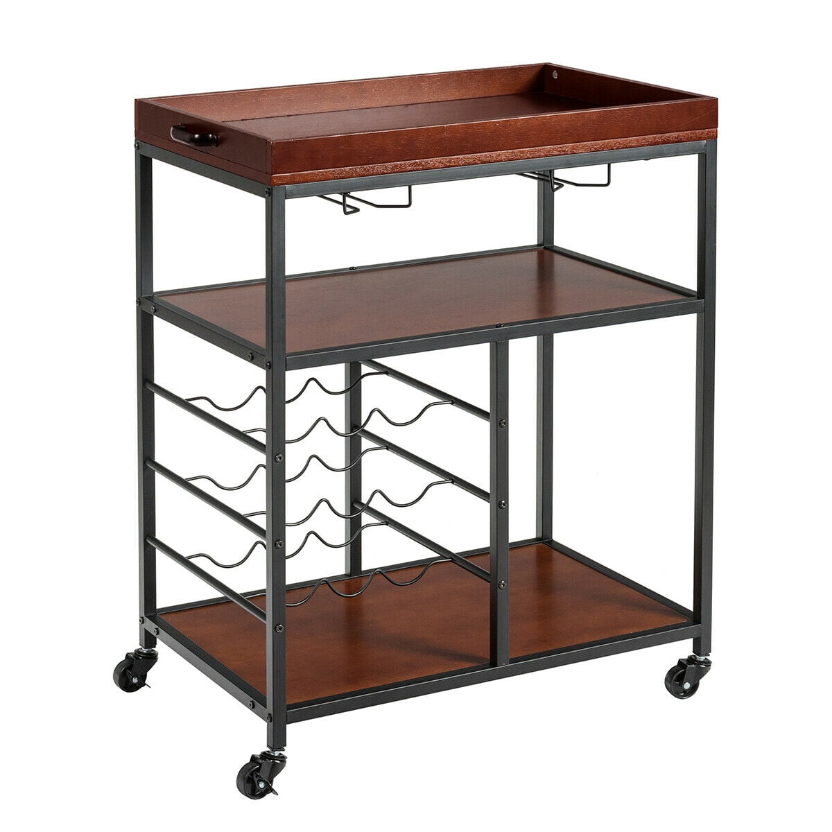 Gymax 3 Tier Storage Kitchen Trolley Bar Serving Cart w/Wine Rack & Glass Holder