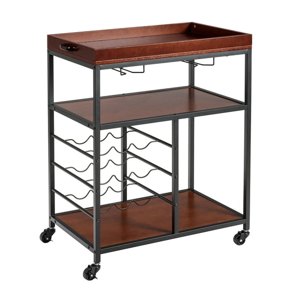 Gymax 3 Tier Storage Kitchen Trolley Bar Serving Cart w/Wine Rack & Glass Holder