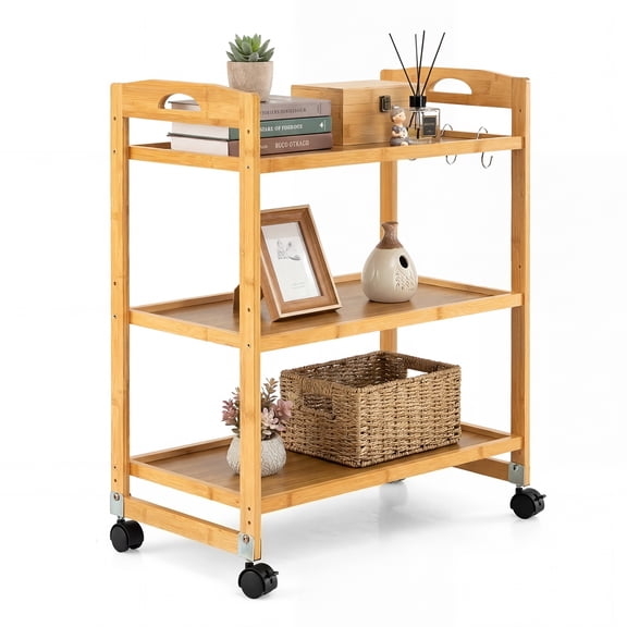 Gymax 3-Tier Storage Rolling Cart Bamboo Utility Cart w/4 Universal Wheels.Adjustable