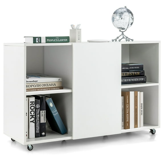 Gymax 3-Tier Wood Bookcase 6 Cube Bookshelf w/ Door Wheels Display Cabinet White
